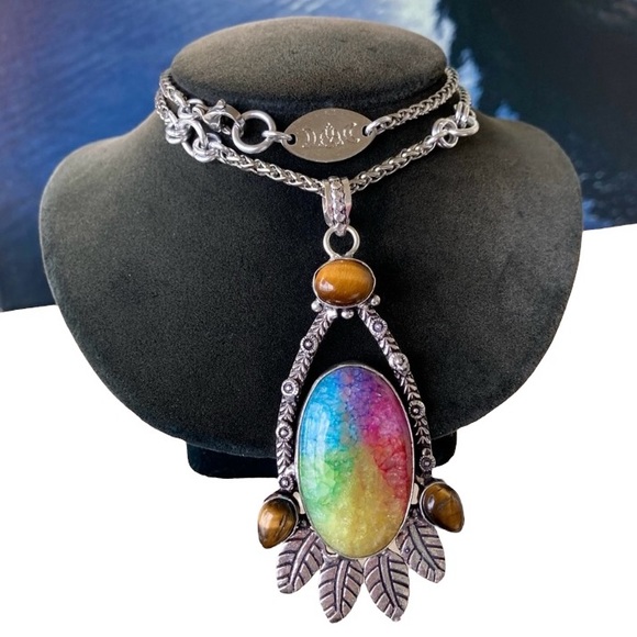 925 sterling silver overlay Rainbow solar quartz tiger eye stone charm necklace - Picture 3 of 13
